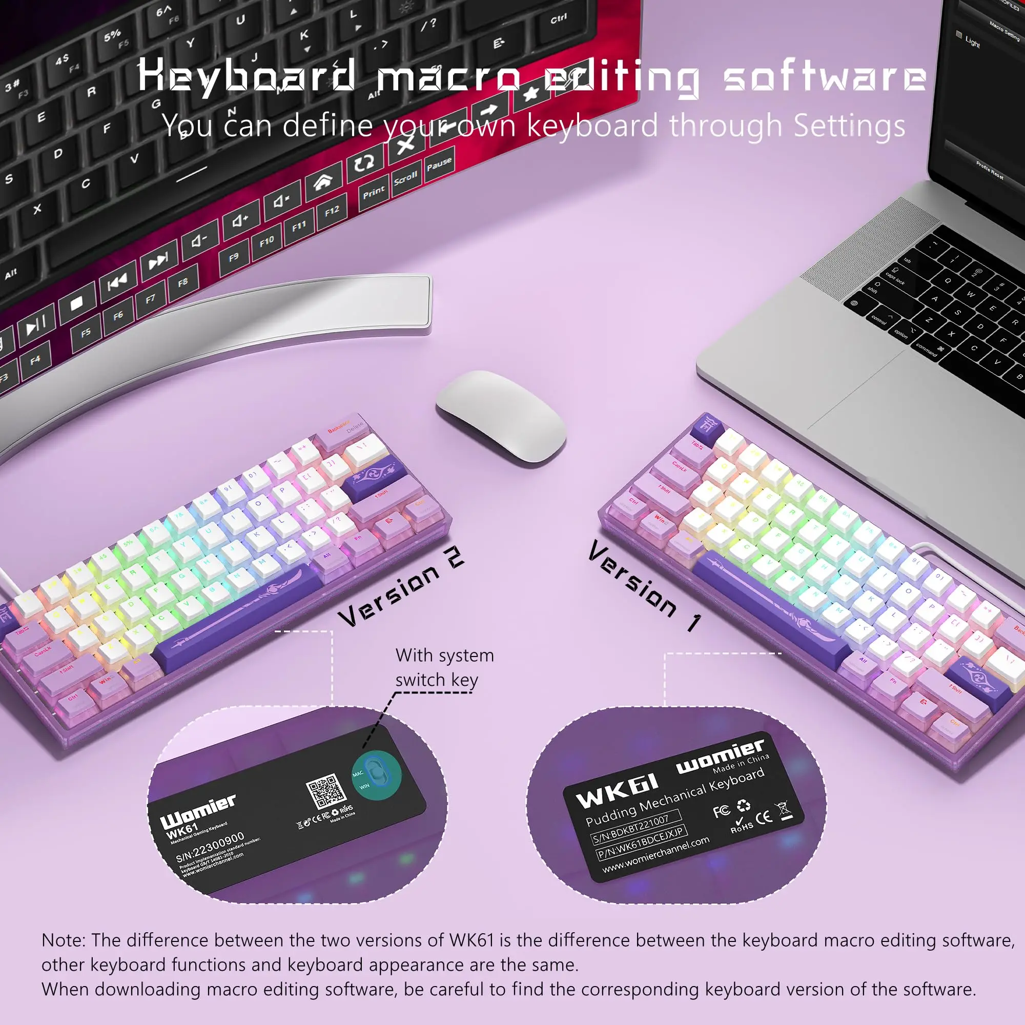 Imagem -05 - Wired Wk61 Teclado Mecânico para Jogos Gamer Teclado Hot Swappable Windows pc Gamer 60 Rgb Roxo 61 Chaves