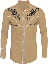Western Cowboy Style Men's Embroidered Casual Long Sleeve Button Down Shirt, Spring and Autumn