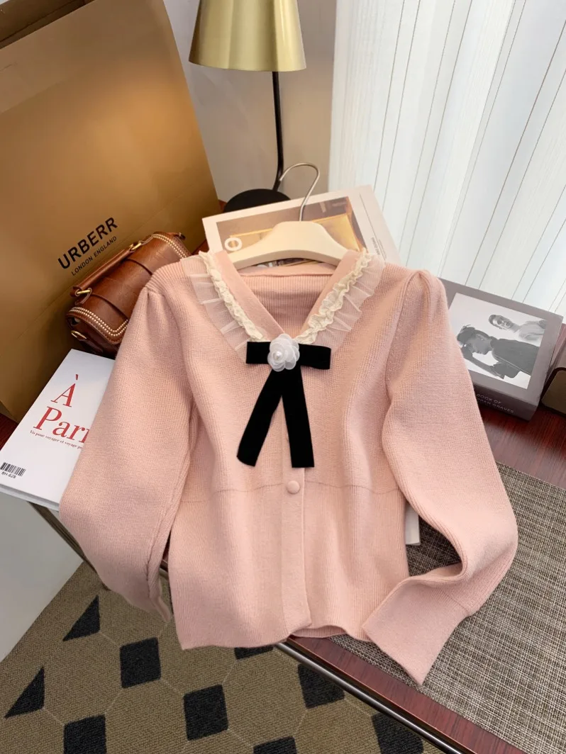 New 2024 Autumn Winter Sweater Women White Red Or Pink Long Sleeve Knitted Tops For Women Korean Fashion Women Sweater With Bow