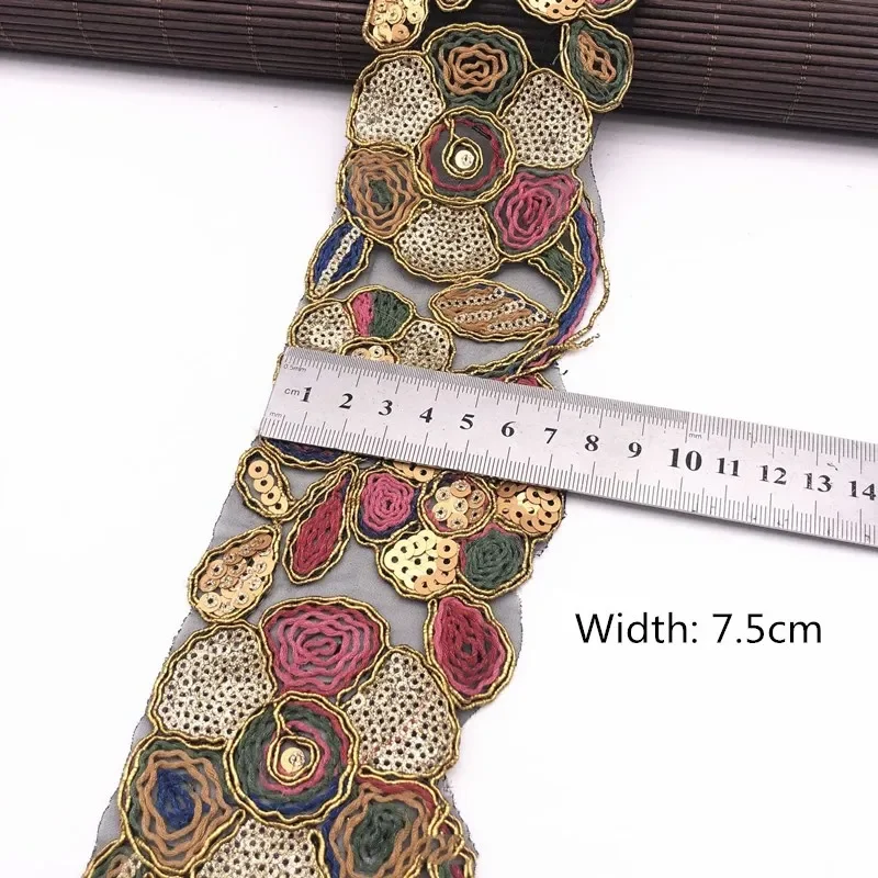 1 Yards Flower Embroidery Lace Trim Sequined Ethnic  Ribbon DIY Sewing Supplies for Clothes Dress  Designer Fabric