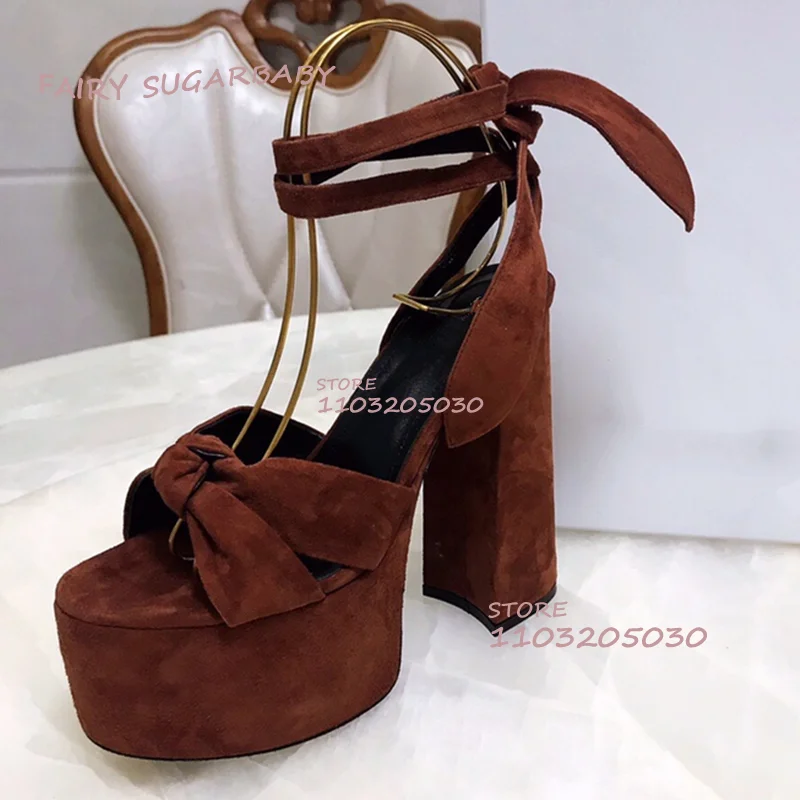 Light Pink Knotted Suede Platform Chunky Heel Open Black Leather Gold Sandal Women Summer Hollow Dress Wine Ankle Lace Sexy Shoe