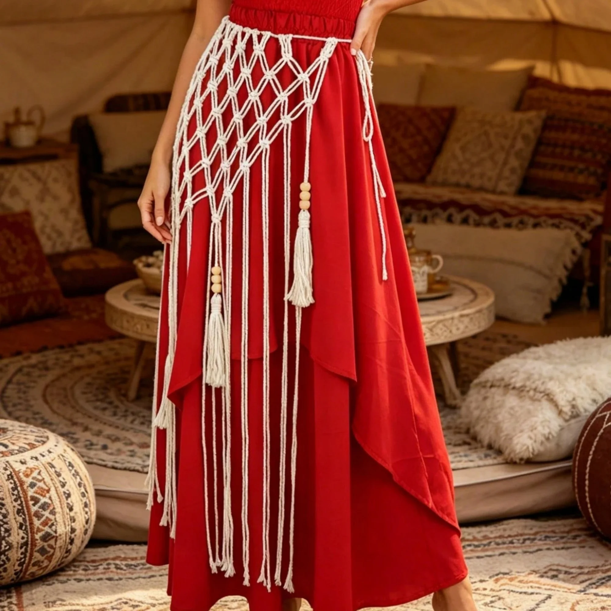 Bohemian Netted Fringe Waistband Decorative Tassel Ethnic Design Handwoven Bikini Cover Up Fringed Waist Belt