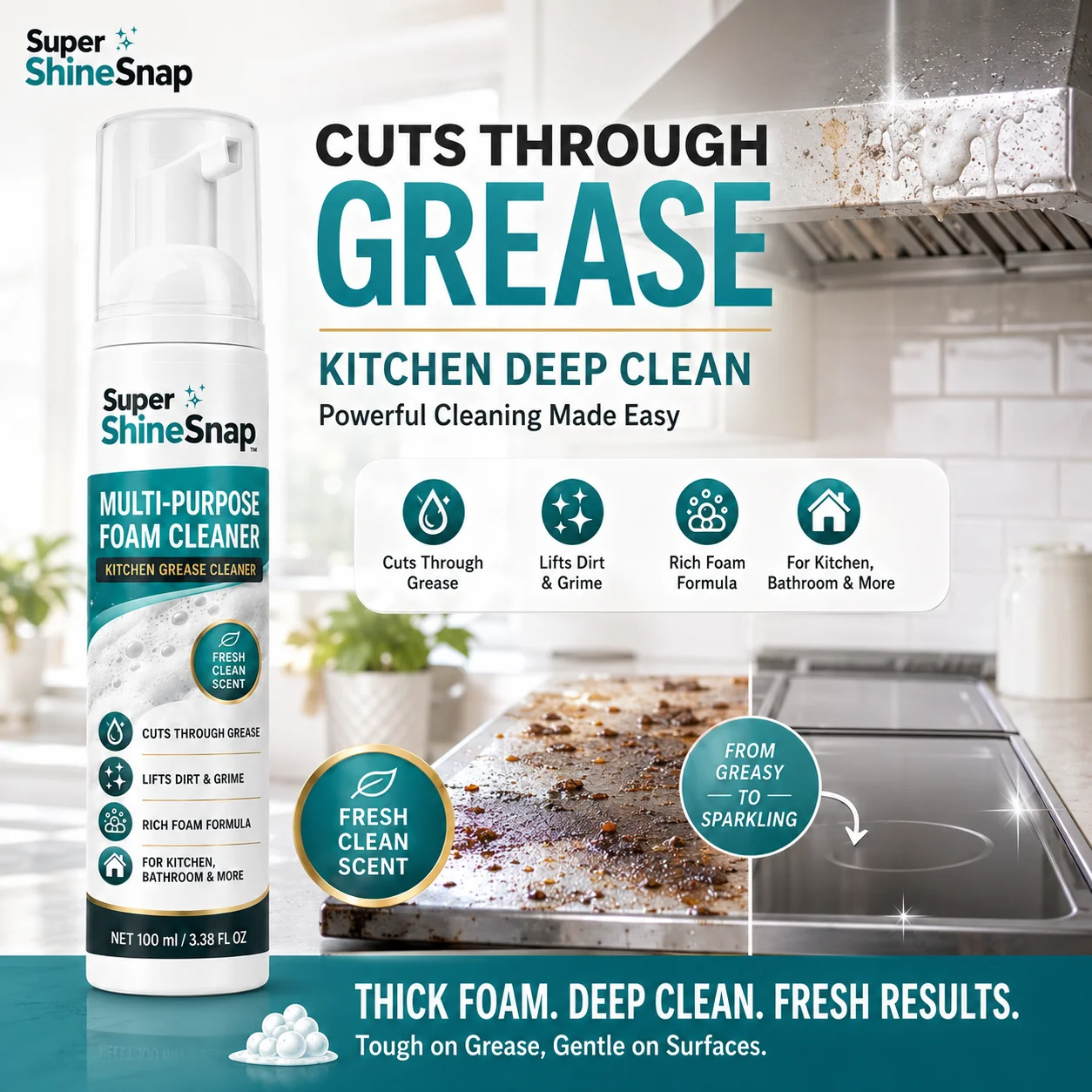 100ml Multi-Purpose Foaming Cleaner for Kitchen & Bathroom, Easy-Wipe Surface Cleaner for Grease, Dirt and Daily Messes, Fresh Clean Scent, Suitable for Sinks, Counters, Tiles and Appliance Exteriors