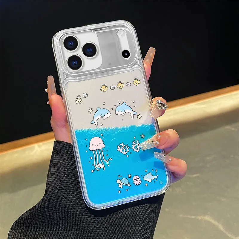 

Dolphin jellyfish Floating Liquid Case for IPhone 17 Pro Max 14 16 15 Luxury Dynamic Moving Around Water Cover Clear Hard Fundas