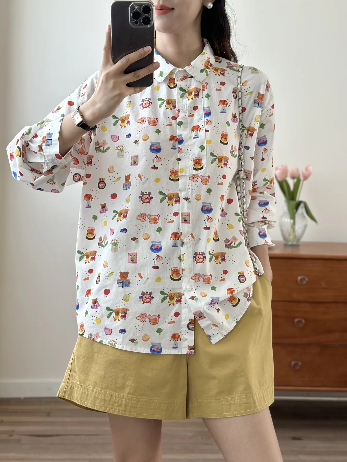 

2025 New autumn women clothing Japan fashion cartoon print shirts 100% cotton long sleeve blouses cute clothes