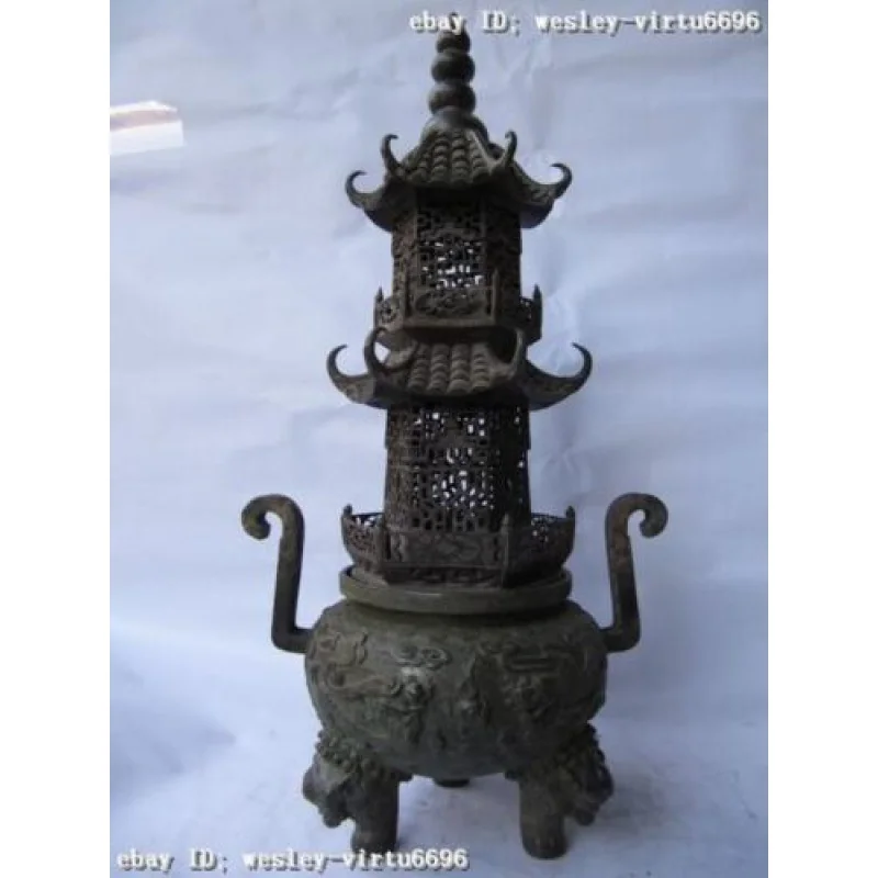 

Chinese classic Copper Bronze Buddhism Dragon pagoda tower incense burner Censer 42cm