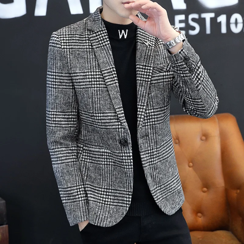 2024 New Men Autumn Winter Fashion Handsome Korean Version of The Trend Plaid Single West Coat Business Casual  Blazer
