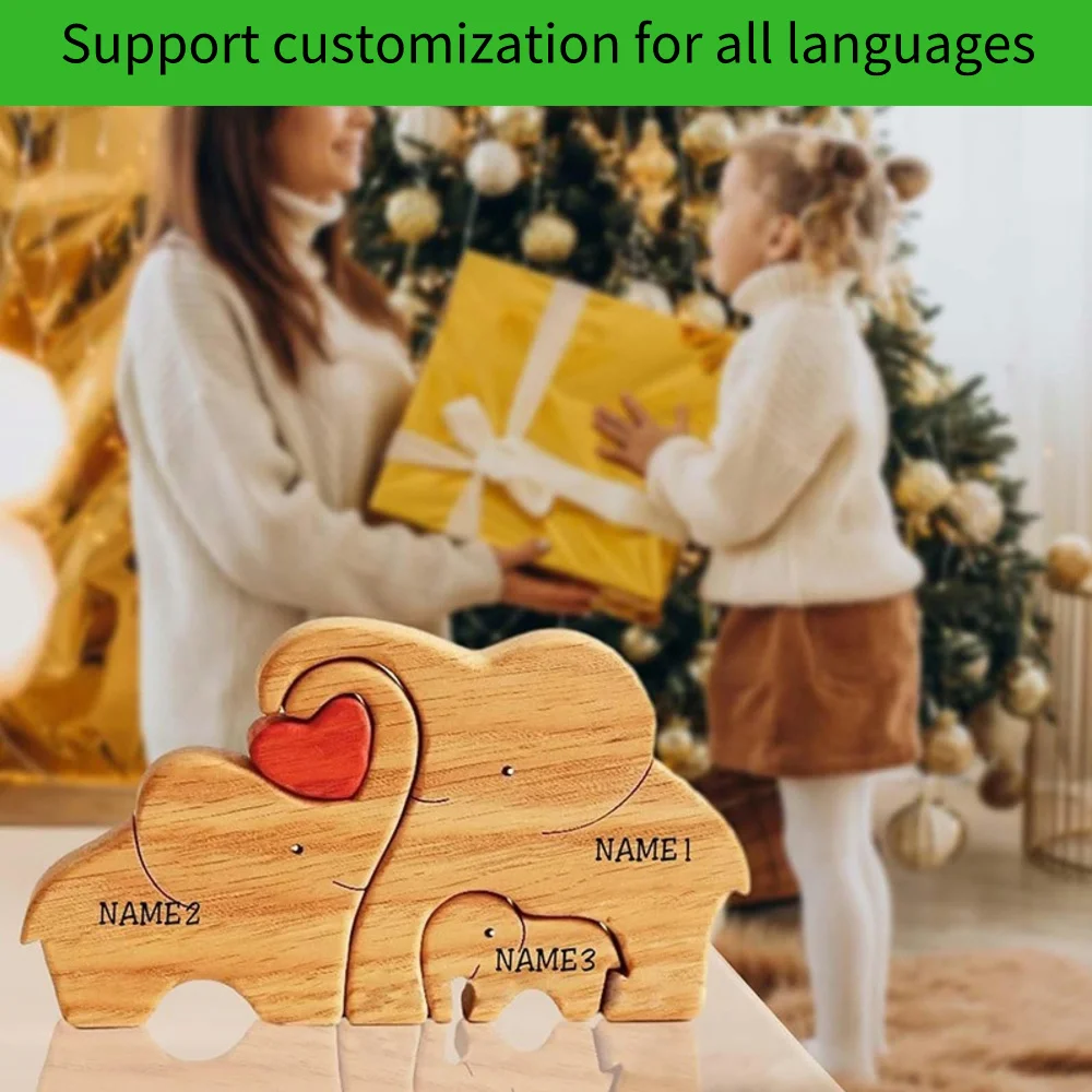 

Free Engraving Elephant Family Wooden Puzzle Mother's Day Birthday Gift Personalized Name Sculpture Hebrew customization Decor