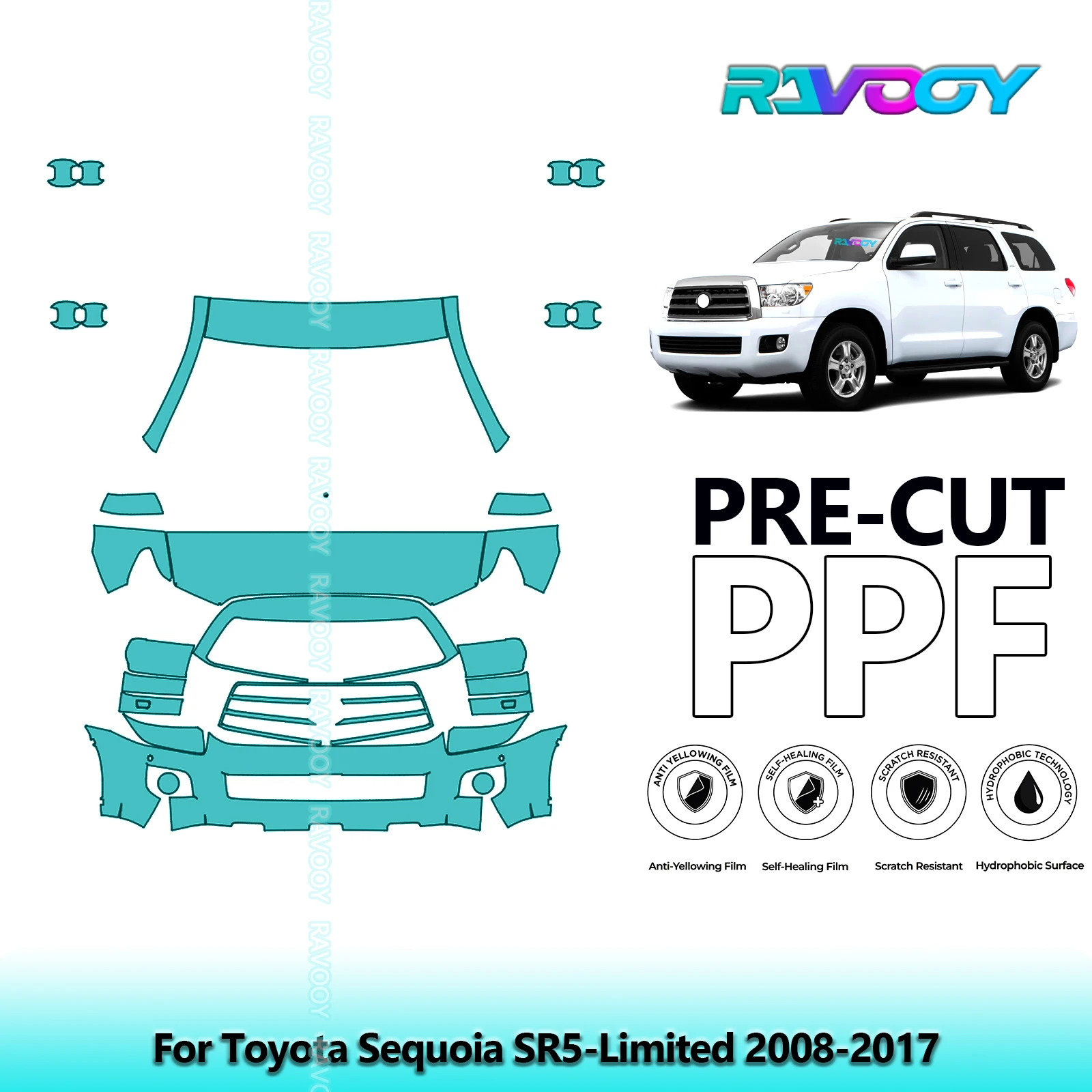 

8.5Mil Precut Paint Protection Film PPF Clear Bra Front Kit For Toyota Sequoia SR5-Limited 2008-2017