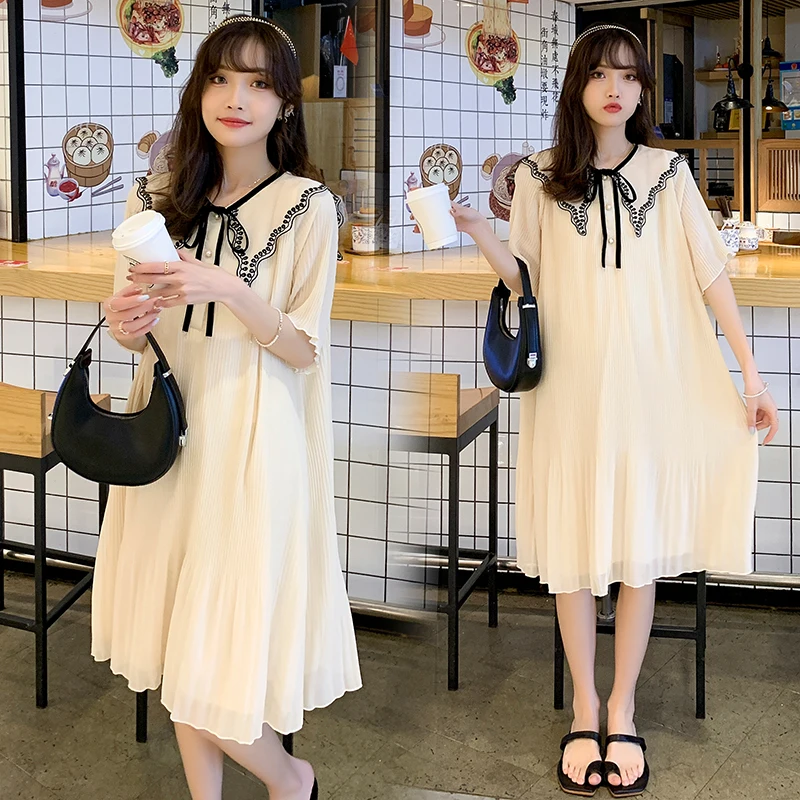 2024 Summer Fashionable Short Sleeve Pleated Maternity Dress Block Color Peter Pan Collar Pregnant Woman Chiffon Dress Wholesale