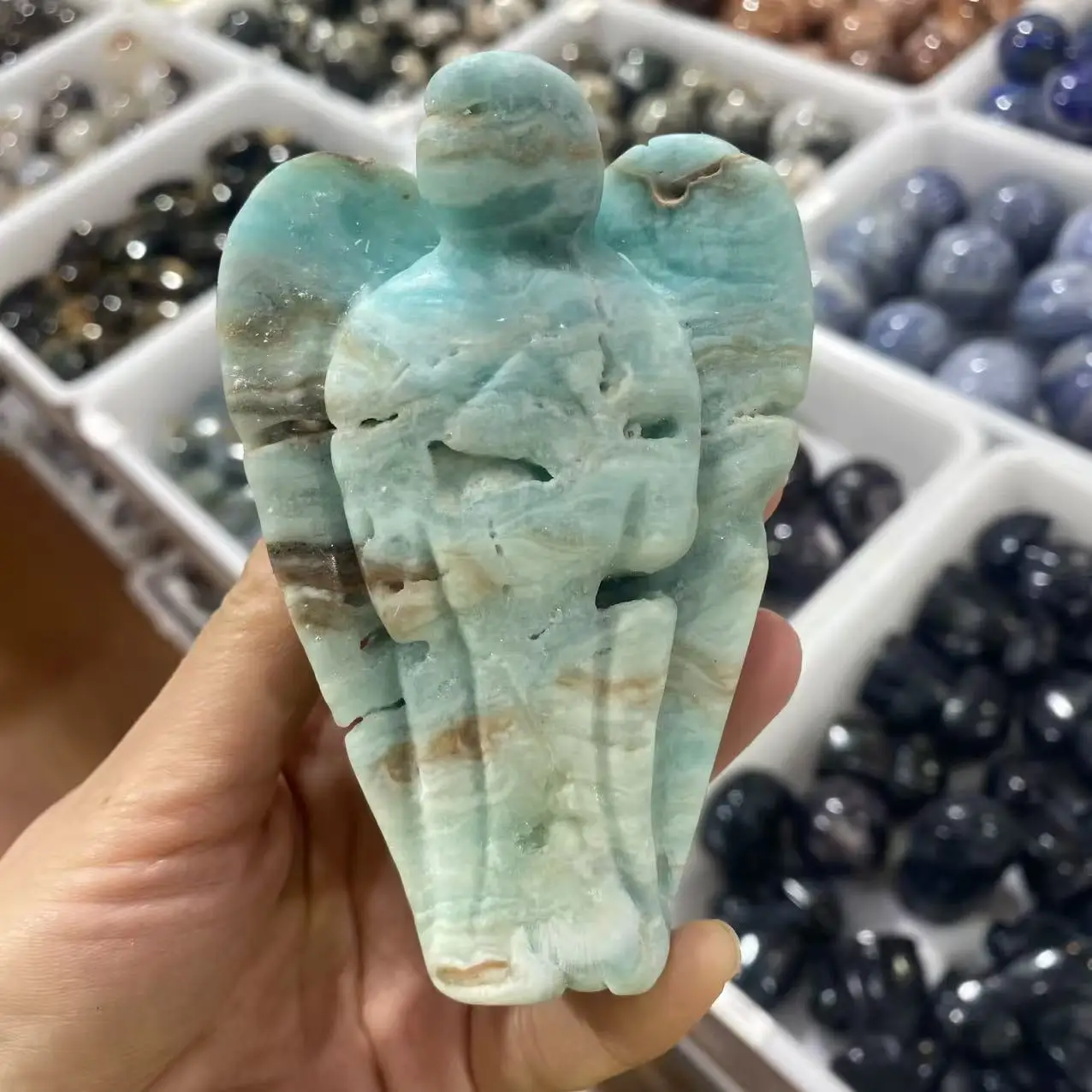 Natural Hemimorphite Crystal Angel Carving, Enhancing Vitality, Home Decoration, Demagnetization Divination, Meditation