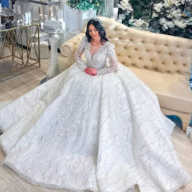 Flavinke カスタマイズされたビーズのウェディングドレスオーガンザ刺繍スパンコール夜会服 O ネックフルスリーブブライダルレースアップ Vestido デ ノビア