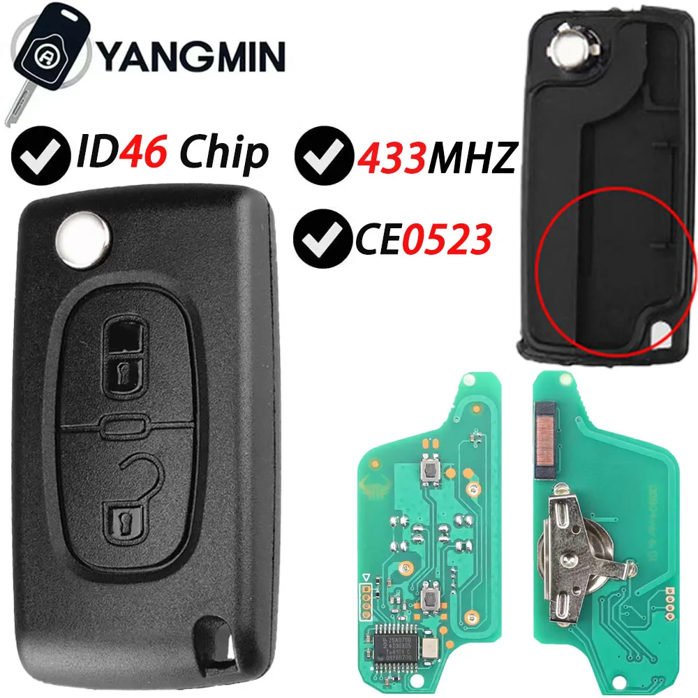 YANGMI 2 Pulsanti ce0523 Peugeot 307 chiave 433 MHz Per Citroen C1 C2 C3 Berlingo clef peugeot 207 307 ID46 CE0523 ASK FSK