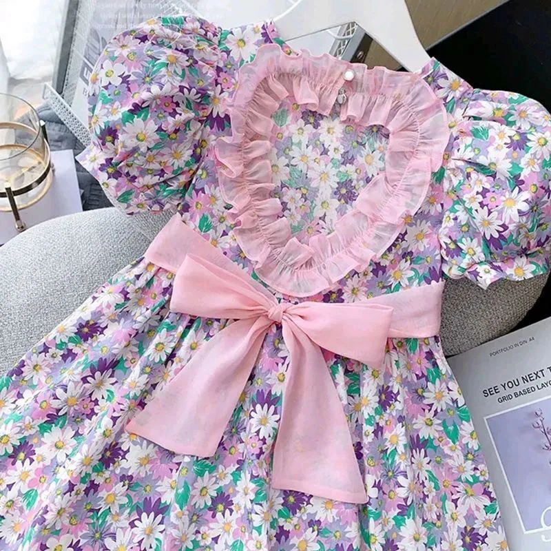 

Summer Girls Dress New Sweet Heart Full Print Puff Sleeve Princess Kids Girls Dress Short Sleeve Children Girls Dress