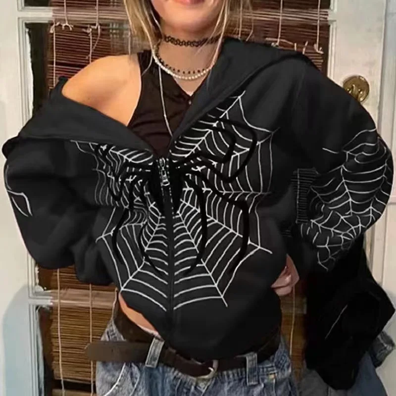 2024 New Europe and America INS Autumn and Winter Spider Web Printing Street Hipster Zipper Hooded Sweater