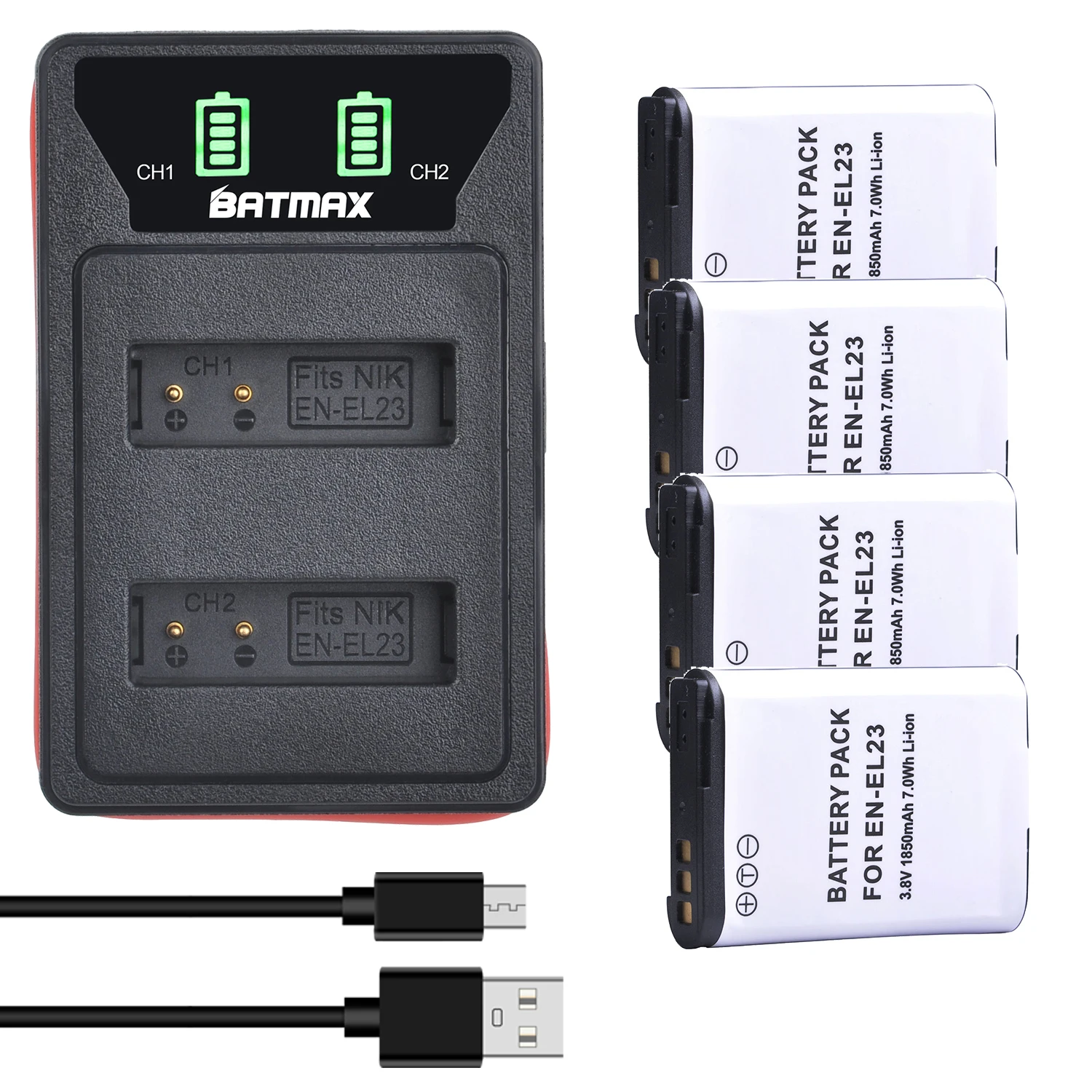 4X 1850mAh EN-EL23 EN EL23 bateria + podwójna ładowarka USB LED z portem typu C do aparatu Nikon COOLPIX B700, S810c P900, P610, P600