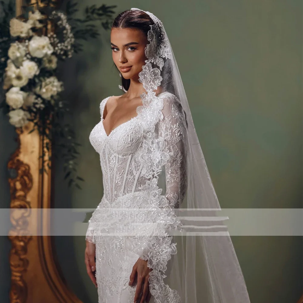 Customized Elegant Mermaid Lace Wedding Dresses Illusion Long Sleeves Pearls Beaded Bridal Dress Court Train Vestidos De Novia