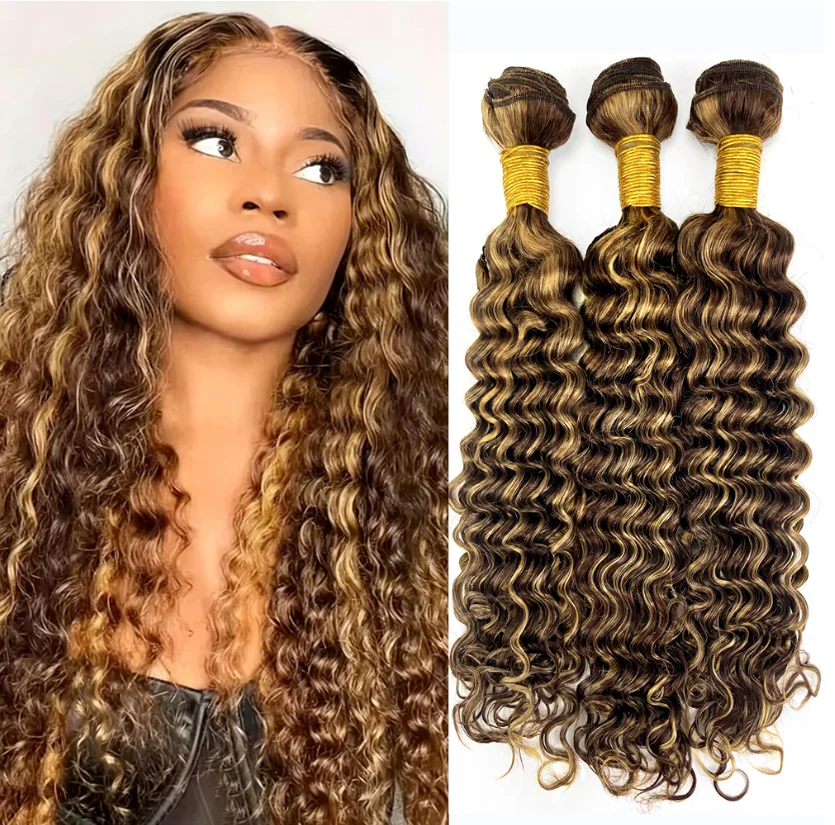 30 Inch #4/27 Color Highlight Deep Wave Bundles Human Hair Burmese Hair 1/3 Bundle Deals Ombre Brown Curly Bundles For Extension