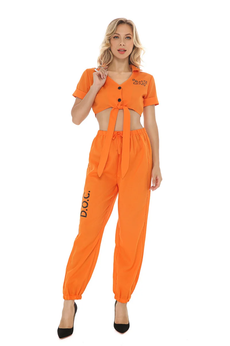 Adult Women's Orange Prisoner Costume Prison Outfits Top Pants Handcuffs Suit Uniform Cosplay Clothes For Party Halloween