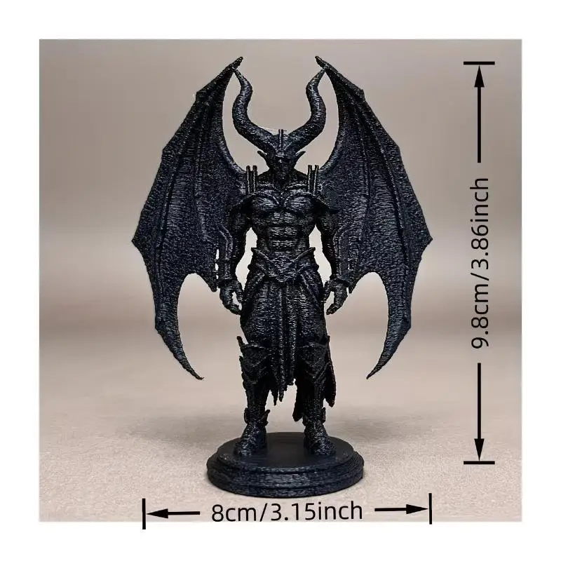 Black 1Pcs 3D Printed Demon Warrior Resin Statue Horned Winged Devil Figurine for Living Room Display Shelf Decor