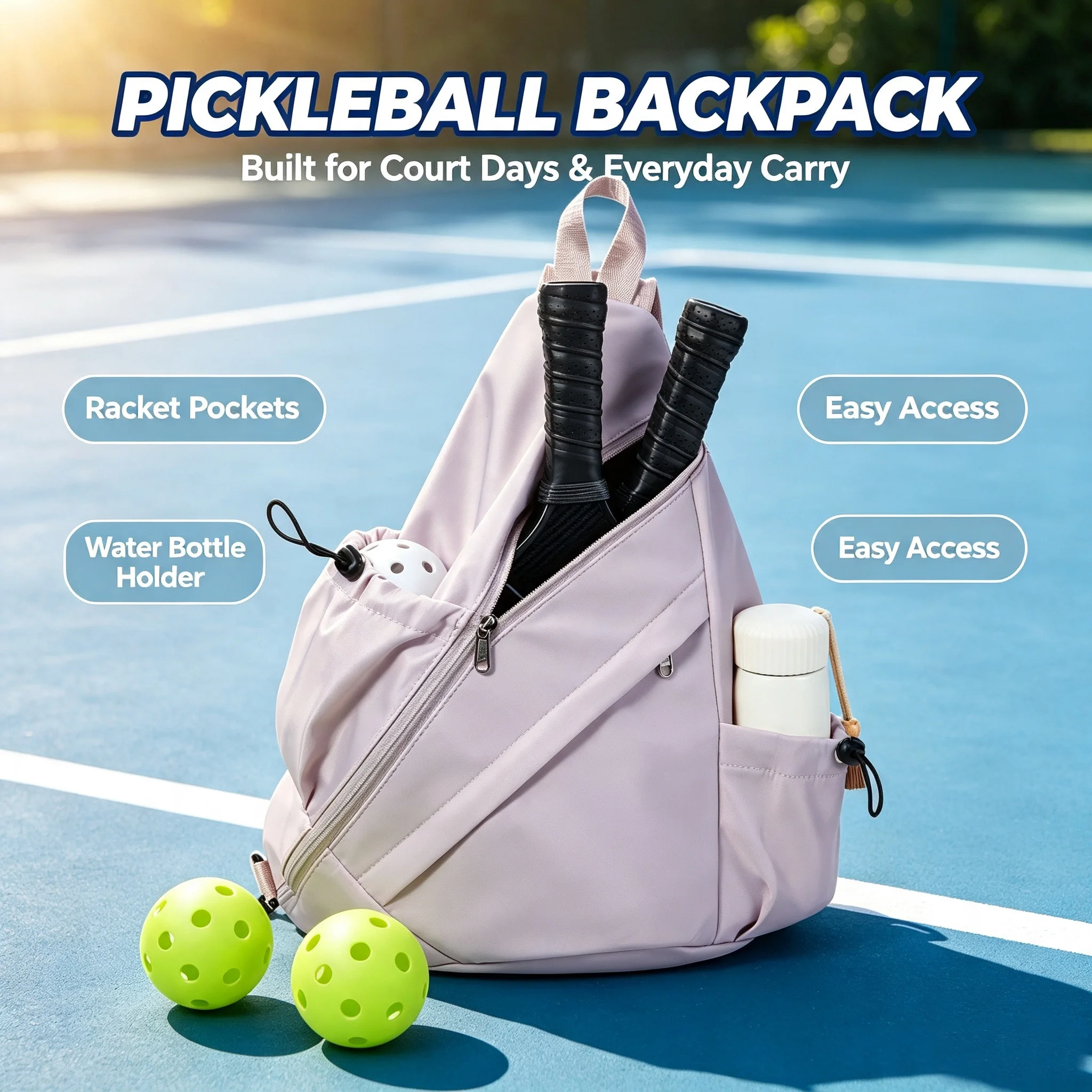 Sports Pickleball Sling Bag Backpack for Gear and Equipment, Waterproof Sport Backpack Holds Paddles, Two Balls, Squash ﻿