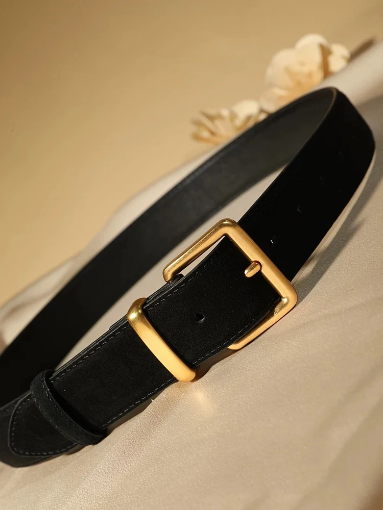 Elegant Suede Cowhide Leather Belt for Women, Vintage Style with Gold Square Buckle, 3.3cm Wide Waistband for Dresses & Jeans