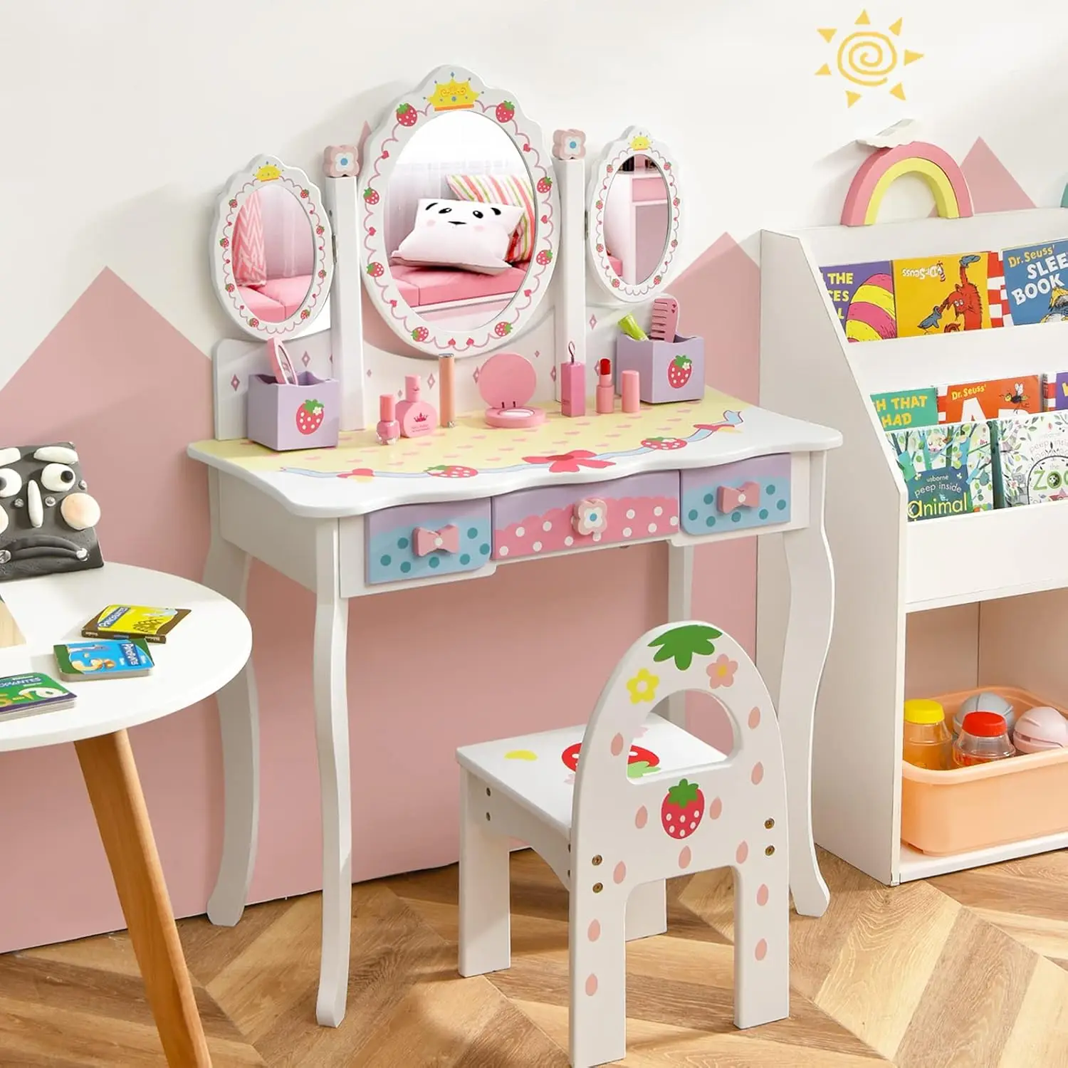 Kids Vanity Set with Mirror, 2 in 1 Princess Makeup Dressing Table W/Detachable Top, Toddler Vanity W/Drawers, Accessories