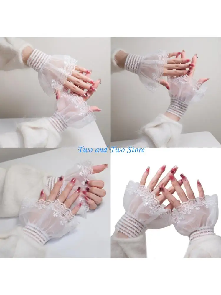 HX6F 1Pair Lace Embroidered Flower Arm Sleeves Double Layer for Formal Event