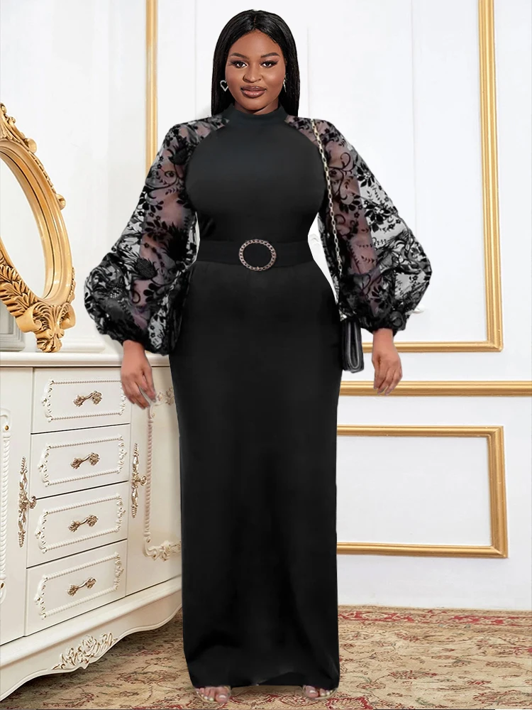 Maxi Long Black Dresses for Women High Neck Belted Embroidery Tulle See Through Long Sleeve Classy Modest Party Evening Gown