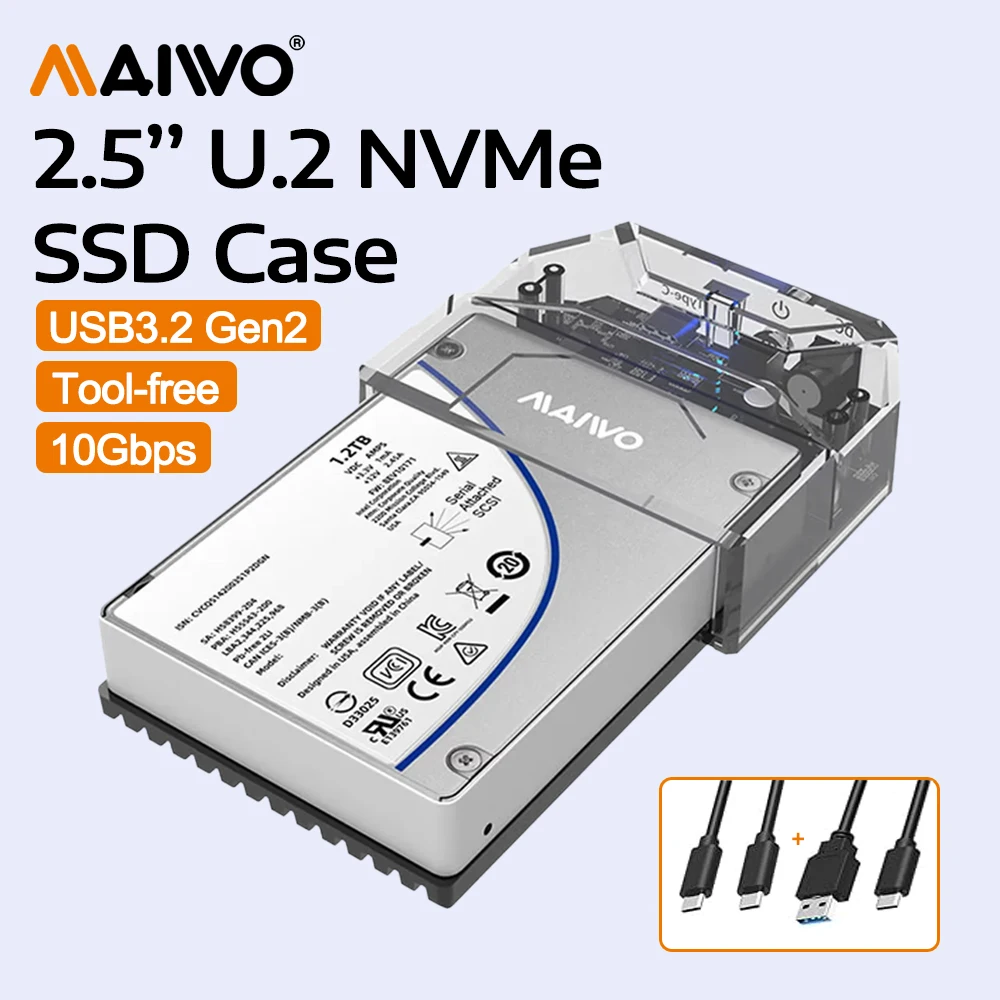 MAIWO 2.5'' U.2 NVMe SSD Enclosure USB-C to U.2 Adapter 10Gbps USB3.2 Gen2 External U.2 SSD Case Tool-Free with Indicator Light