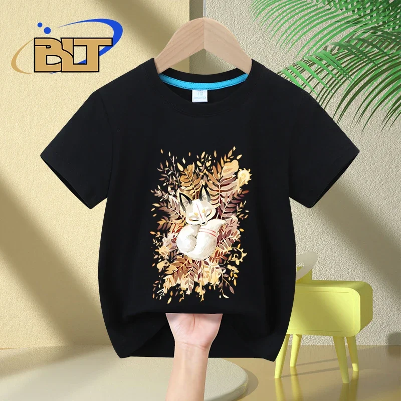 Slumber fox print T-Shirt children's summer pure cotton short-sleeved casual tops boys and girls gifts