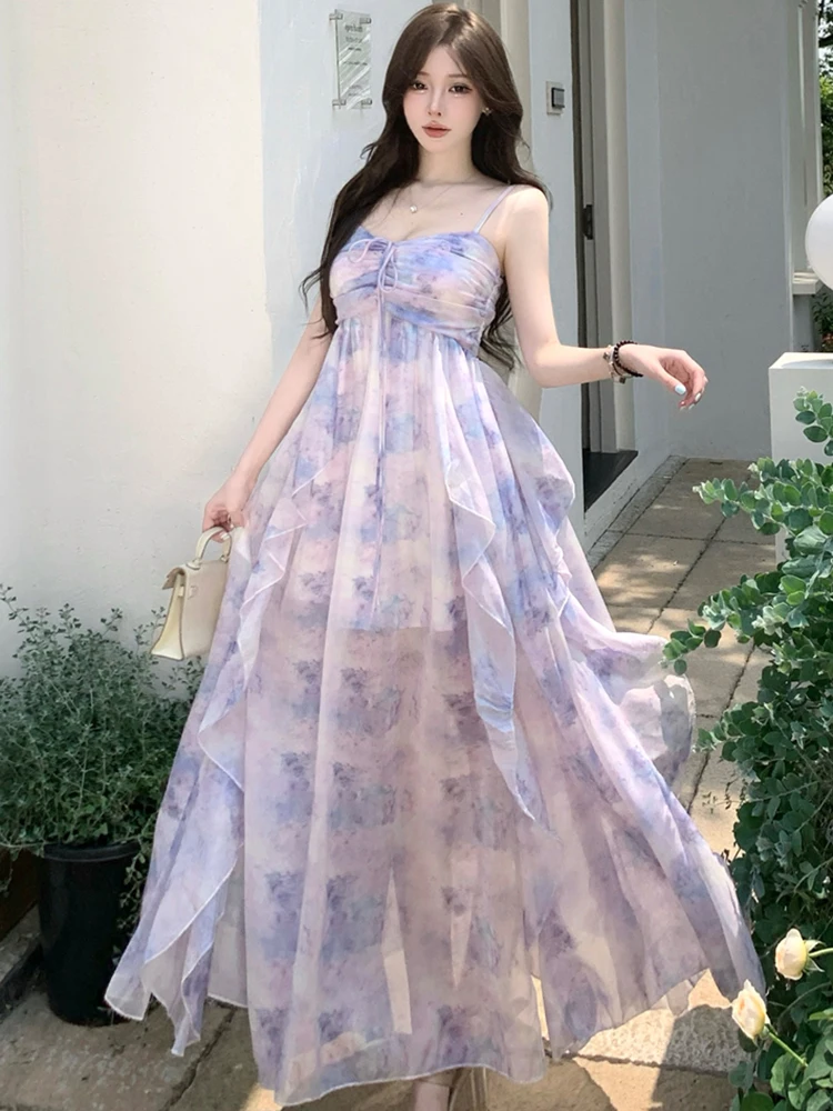 Vrouwen paarse print chiffon gegolfde maxi-jurk zomer elegante sling sexy strandjurk 2025, Koreaanse mode bodycon vakantiejurken