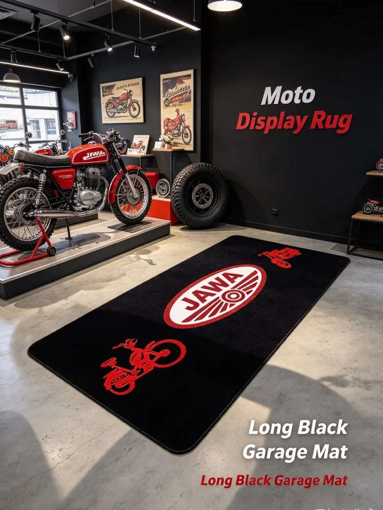 VIKAMA Motorcycle Long Floor Mat, Black Garage Rug with Red JAWA Style Graphic, Decorative Pit Area Carpet for Workshop Parking