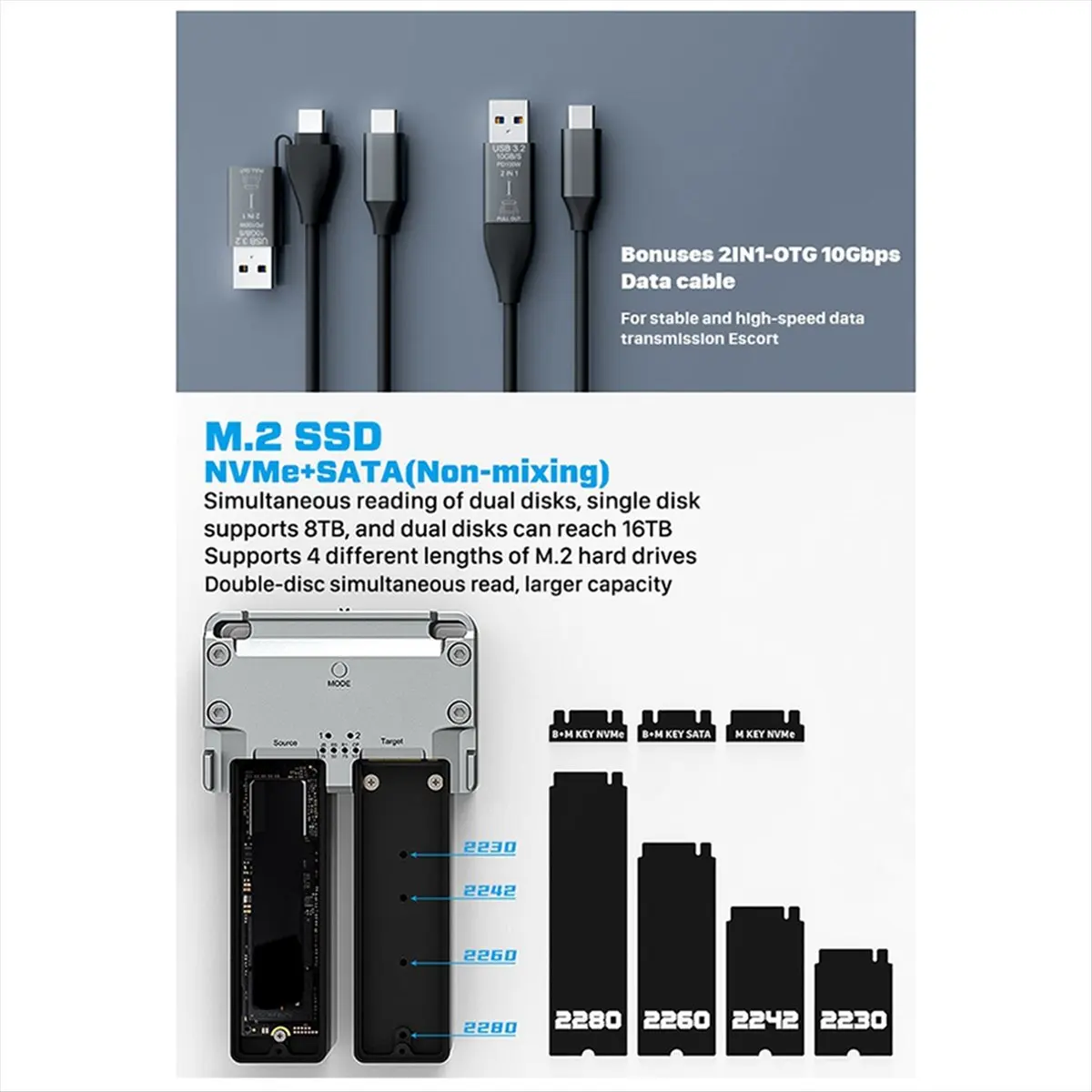 

Внешний корпус INABEZ M.2 NVME SSD с двумя отсеками для накопителей M2 NVME 2230 2242 2260 2280, Type-C USB 3.2 Gen2, 20 Гбит/с