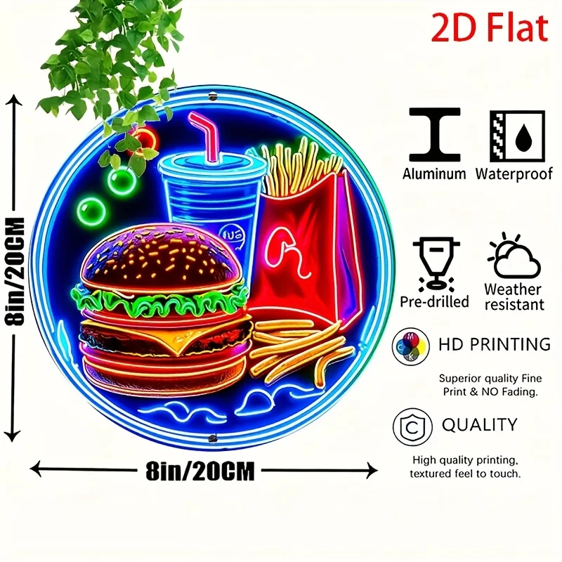 1pc of Vintage Diner Metal Wall Art Featuring a Neon Sign with a Hamburger And Fries, Designed in Vibrant Blue And Red Hues. Thi