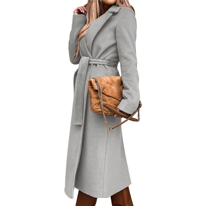 

A68G-Women's Notched Lapel Long Sleeves Slim Mid-Long Wool Blend Outerwear Casual Fall Winter Coats With Belt