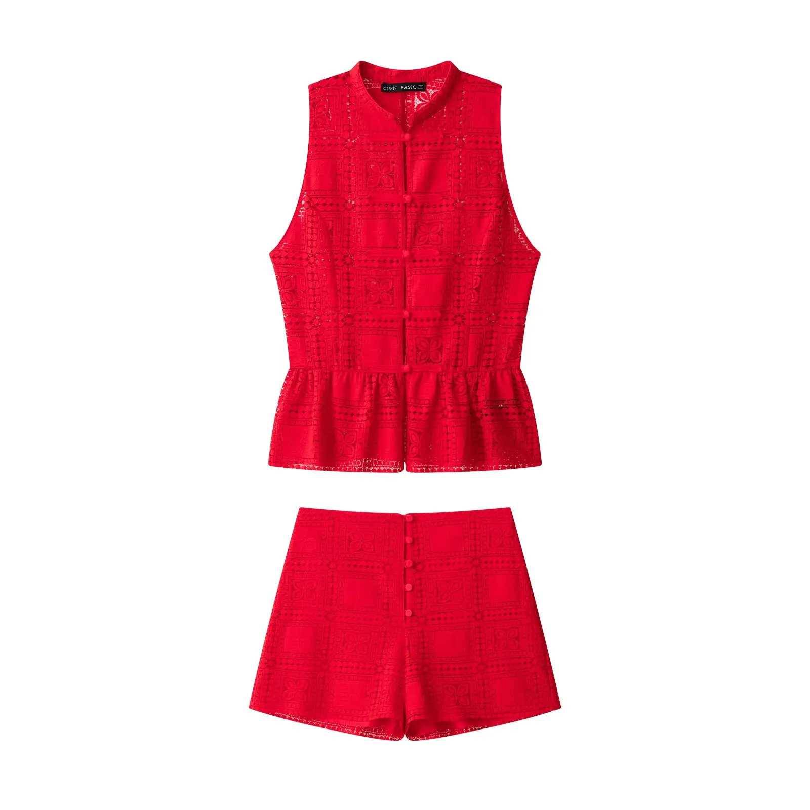 KLKXMYT Women Summer Shorts Set New Fashion Lace Hollow Out Top + High Street Mid-Waist Casual Shorts Suit