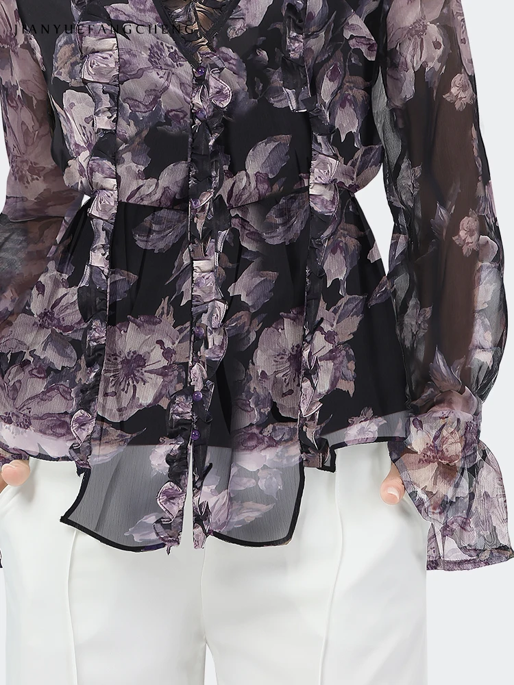 2022 New Spring Summer Floral Chiffon Blouse Women Long Sleeve V-Neck Elastic Thin Waist Ruffles Elegant Flowy Casual Shirts