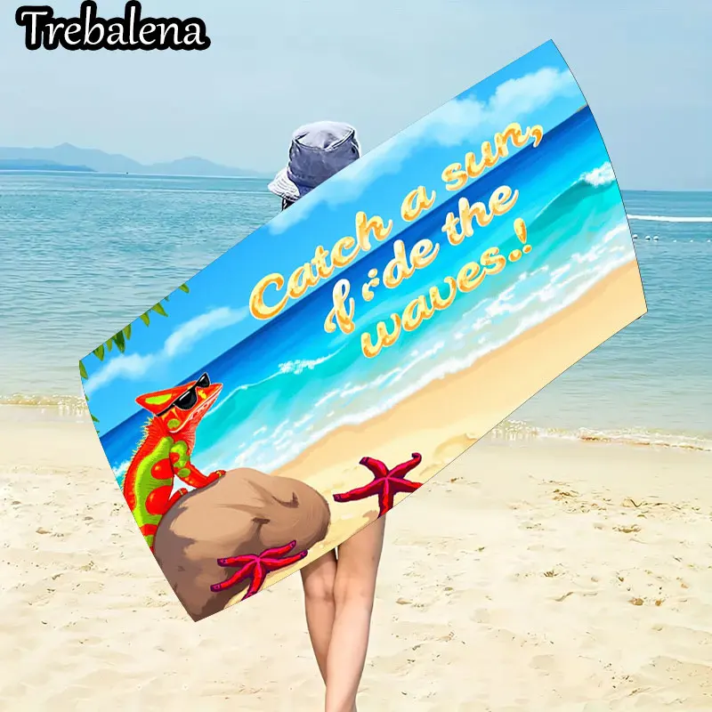 منشفة شاطئ فائقة النعومة مقاس 30 × 60 بوصة مع منشفة شاطئ، أمواج ركوب الشمس، نجم البحر، الحرباء #2