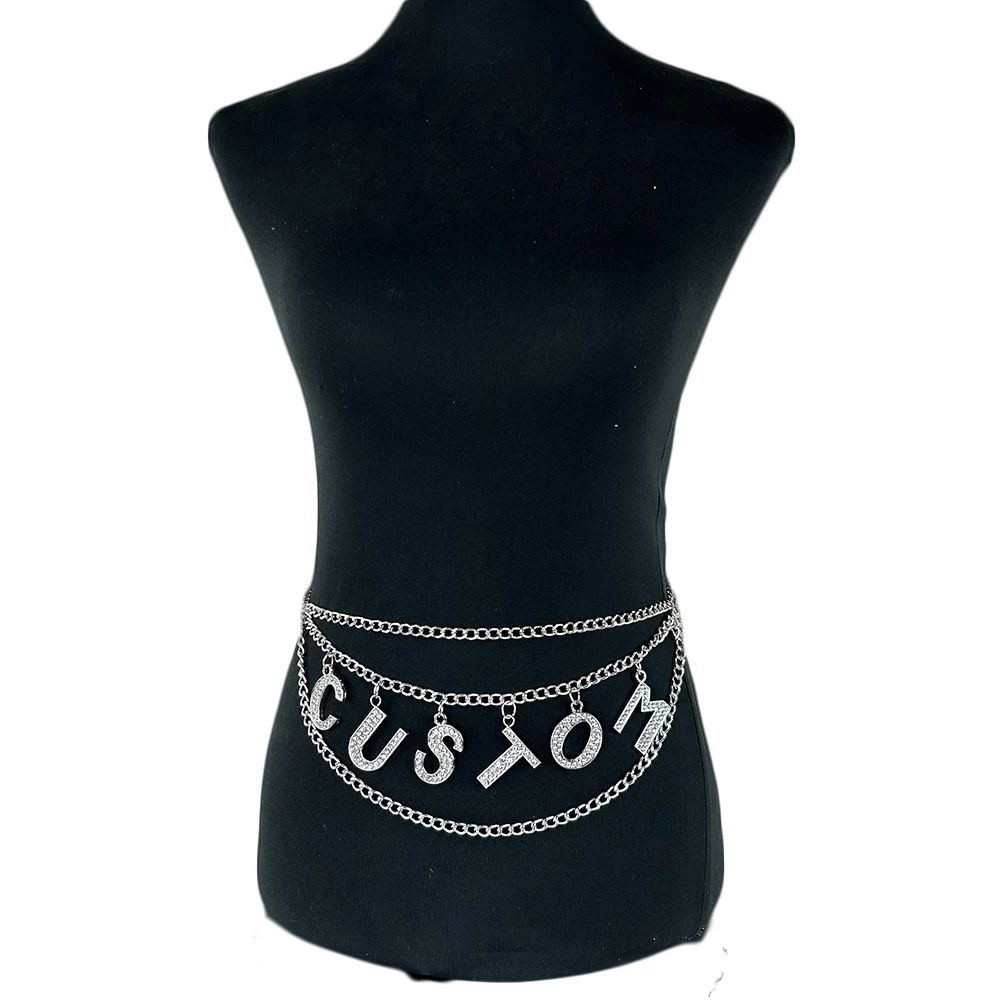 Cristal personnalisé bricolage grandes lettres taille chaîne ceinture Sexy femmes Rhineston déclaration nom lettre corps chaîne Cosplay accessoire cadeau