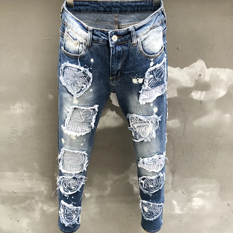 

Fall Men Embroidery Patch Designer Jeans Pants Hombre Slim Fit Dance Casual Denim Jeans Men Blue Stretchy Distressed Jeans