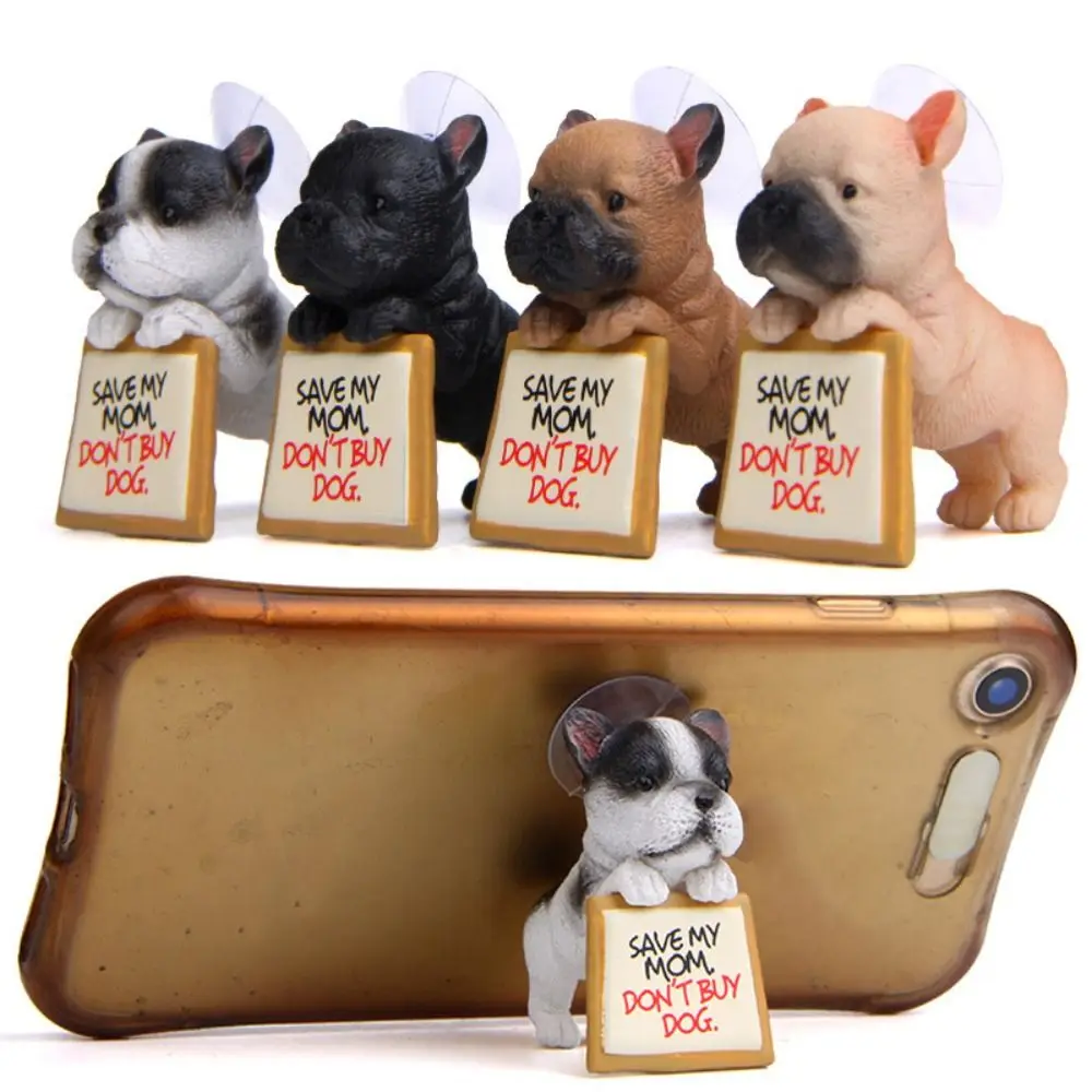 French Bulldog Figurines Creative Phone Holder Dog Sucker Design Miniatures Ornaments Mobile Phone Stand Figure Model Desk Decor