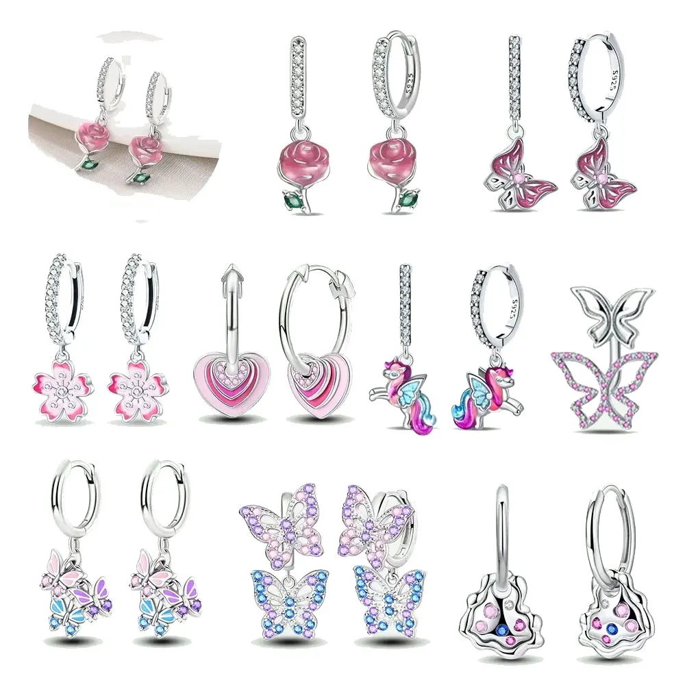 سلسلة الوردي 925 الفضة الاسترليني رومانسية زهرة الفراشة يونيكورن توليب الهندسة أقراط بوتيك مجوهرات هدايا #3