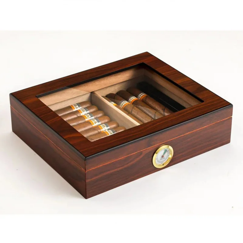 Wooden Clamshell Cigar Humidor Portable Compartment Cigar Storage Transparent Glass Cover Display