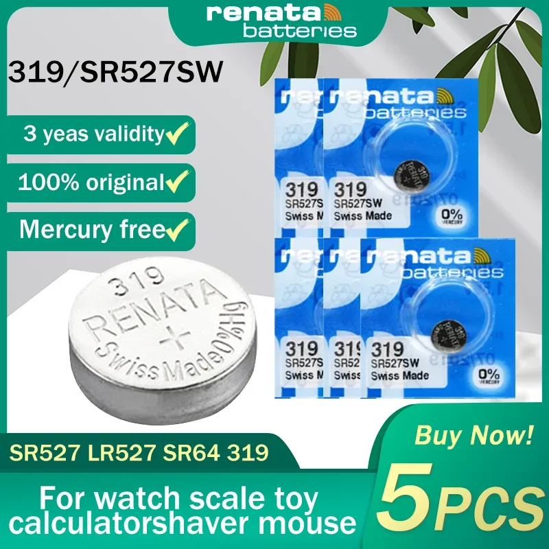 5PCS Original Renata 319 SR527SW SR527 LR527 1.55V Silver Oxide Watch Battery For Scale Watch Toy Swiss Made Button Coin Cells