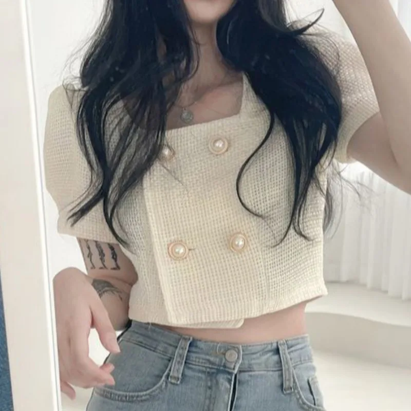 Square Chic Pearl Double Breasted Plaid Jacket Tweed Crop Tops Bubble Short Sleeve Shirts Summer Jaquetas Suits Ropa Mujer