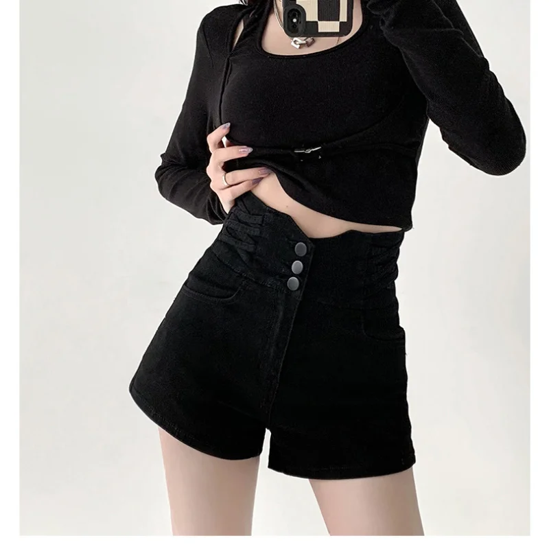 Women Summer Korean Fashion Solid Color High Waist Appear Thin Denim Shorts Women Clothes Casual All-match Office Lady Wide Leg