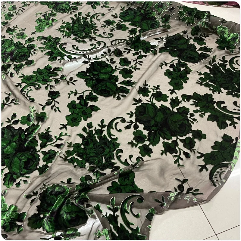 Gray Base Green Print Hollow Silk Velvet Mulberry Silk Cotton Velvet Cloth Dress Cheongsam Shirt Short Sleeve Clothing Fabric