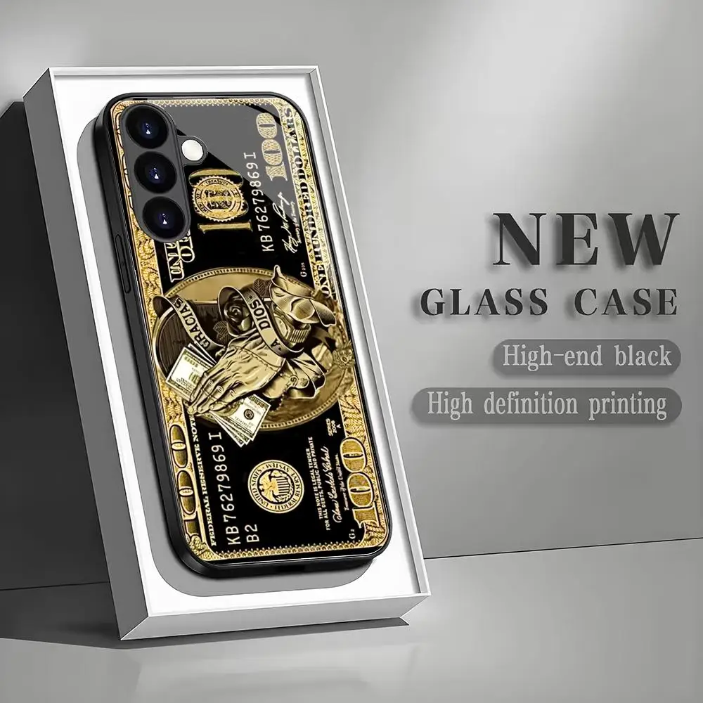 Money pattern black glass phone case suitable for Samsung Ga