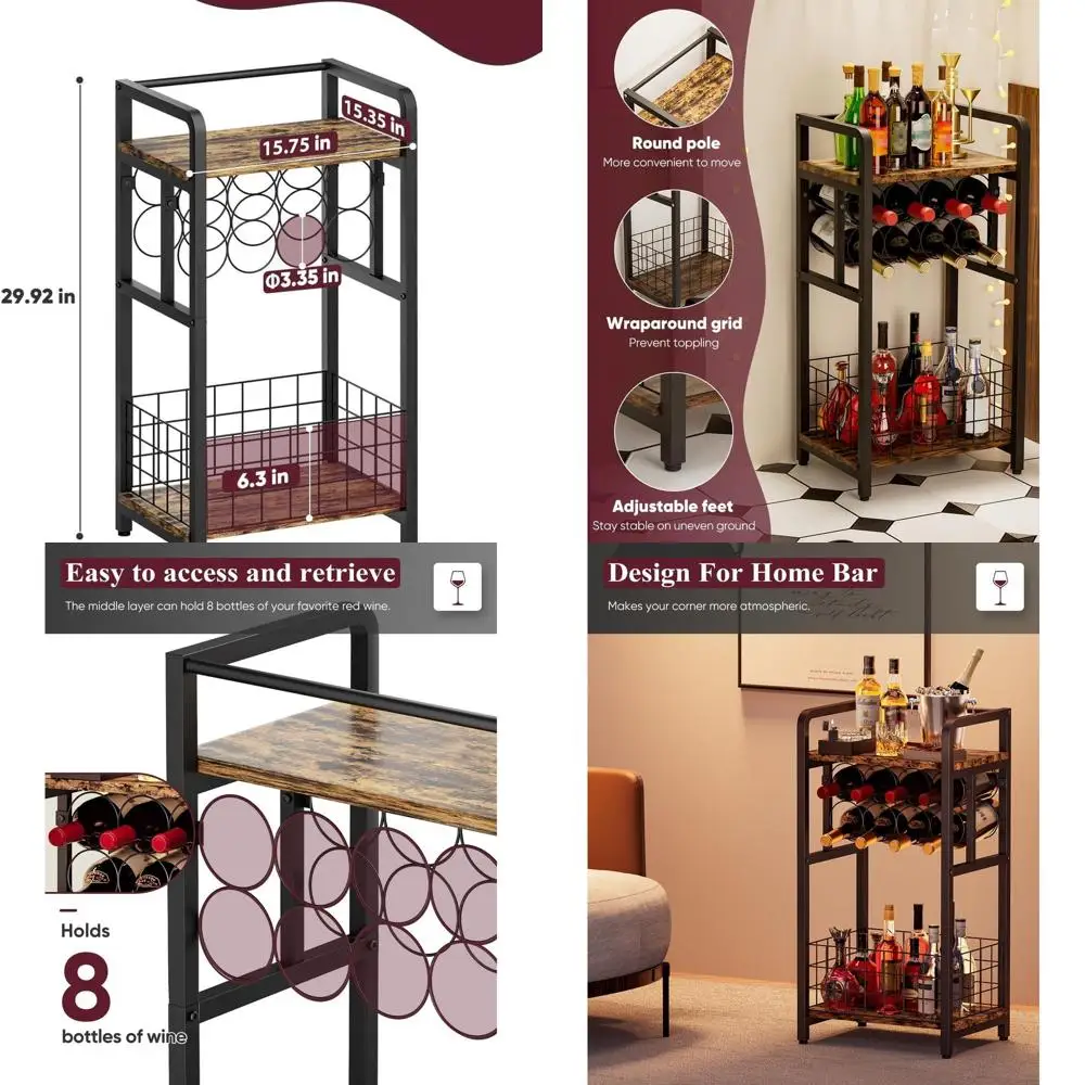 

Freestanding 3-Tier Wine Rack with Wooden Top, Liquor Stand, Corner Wine Bar Table, Metal Whiskey Shelf for Kitchen and Living R